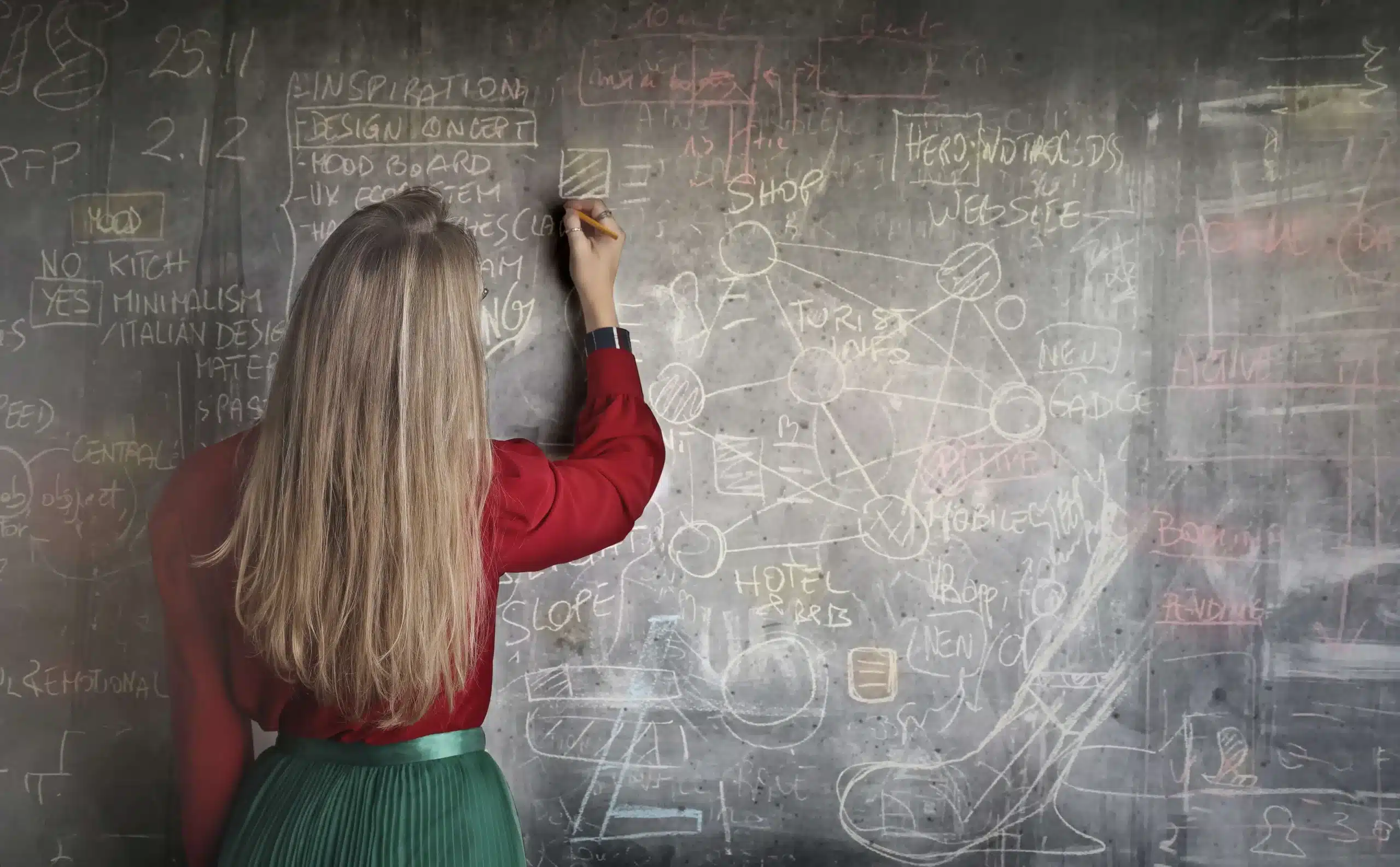 Woman writing huge equations on chalkboard