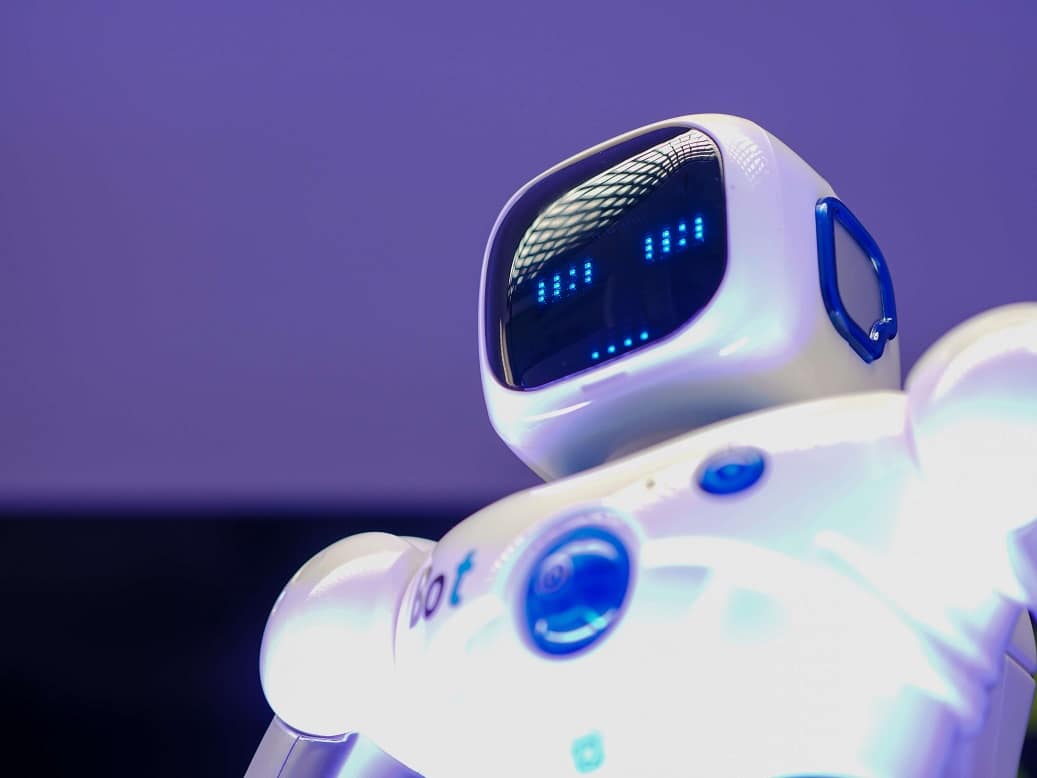 A toy robot looking up