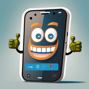 A graphic depicting a smiling cartoon mobile phone with thumbs up