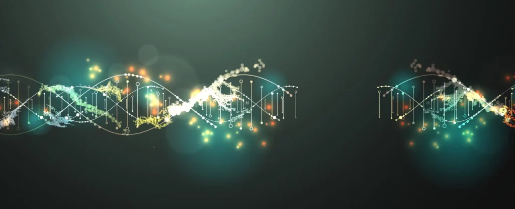 A graphic depicting two dna strands reaching for each other.