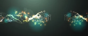 A graphic depicting two dna strands reaching for each other.